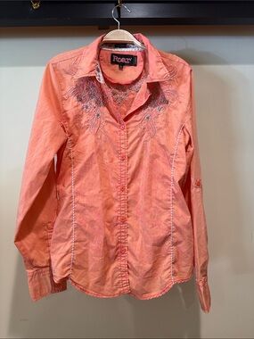 Roar Coral Embroidered Button-Down Shirt